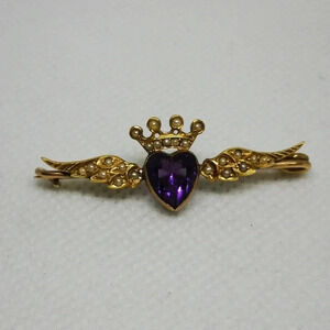 ✨ 14k Yellow Gold Victorian Winged Heart & Crown Brooch ✨